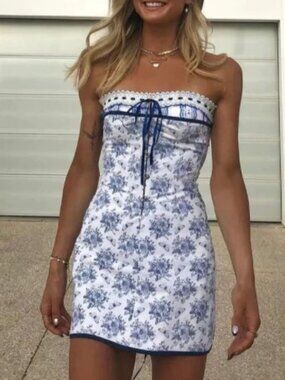 Commense strapless floral tube top/mini dress blue, white women's size S
